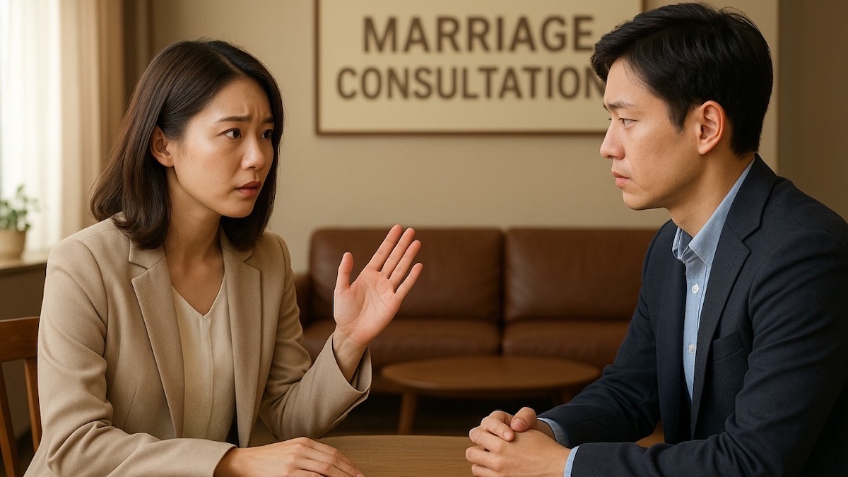 結婚相談所の女性相談員と話している男性